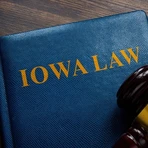 Iowa Law book with wood ang gold gavel